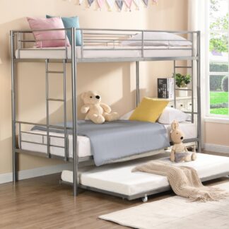 Kumix Bunk Bed with Trundle, Metal Bunk Bed Twin over Twin with Full-Length Guardrail and Build-in Ladder, Heavy Duty Bunk Bed Frame for 3 Kids Teens Adults, Noise-Free, Easy Assembly, Silver