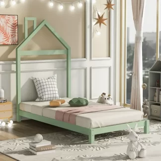 Kumix Wood Platform Bed with House-shaped Headboard and Slats Supports, Twin Size Low Floor Bed for Kids Teens, Heavy Duty Floor Bed Frame for Bedroom, Dorm, Noise-Free, Easy Assembly, Green