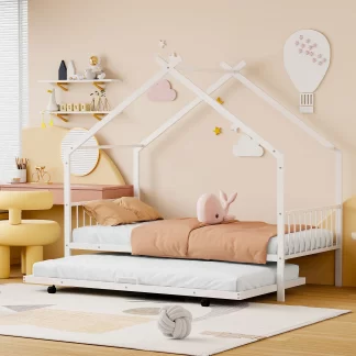 Kumix House Bed with Trundle, Twin Size Metal House Bed with a Roof Frame and Headboard, Footboard for Kids Teens Guests, with Twin Size Trundle,House Bed for 2, Noise-Free, Easy Assembly, White
