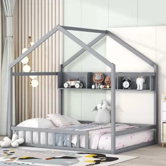 Kumix House Bed with Storage Shelf, Wooden Full Size Kids House Bed with Fence Guardrail and Roof for Boys and Girls, Heavy Duty House Bed Frame for Bedroom, Noise-Free, Easy Assembly, Gray