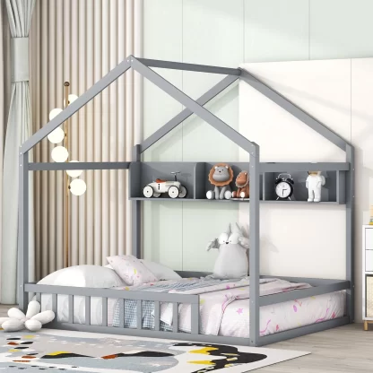 Kumix House Bed with Storage Shelf, Wooden Full Size Kids House Bed with Fence Guardrail and Roof for Boys and Girls, Heavy Duty House Bed Frame for Bedroom, Noise-Free, Easy Assembly, Gray