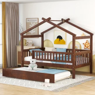 Kumix House Platform Bed with Twin Size Trundle, Twin Size Wooden House Bed with Roof Frame and Fence Guardrail for Kids Teens Adults, Noise-Free Platform Bed for 2, Easy Assembly, Walnut