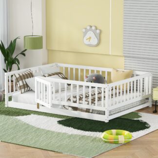 Kumix Floor Bed with Fence and Door, Wooden Full Size Montessori Floor Bed Frame for Kids, Toddler, Girls, Boys, Kids Montessori Bed Full Size for Bedroom, Dorm, Noise-Free, Easy Assembly, White