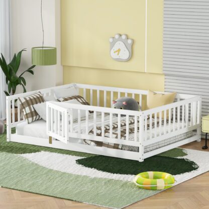Kumix Floor Bed with Fence and Door, Wooden Full Size Montessori Floor Bed Frame for Kids, Toddler, Girls, Boys, Kids Montessori Bed Full Size for Bedroom, Dorm, Noise-Free, Easy Assembly, White