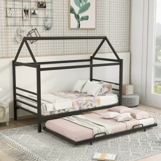 Kumix Platform Bed with Trundle, House Shape Metal Twin Size Floor Bed with 13 Slats Support and Roof for Kids Teens Adults, House Low Beds for 2, No Box Spring Needed, Noise-Free, Black