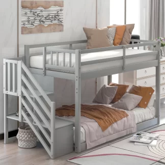 Kumix Bunk Bed Twin over Twin, Wooden Floor Bunk Bed Ladder with Storage for Kids Teens Adults, Heavy Duty Bunk Bed Frame for Bedroom, Twin Bunk Beds for 2, Noise-Free, Easy Assembly, Gray