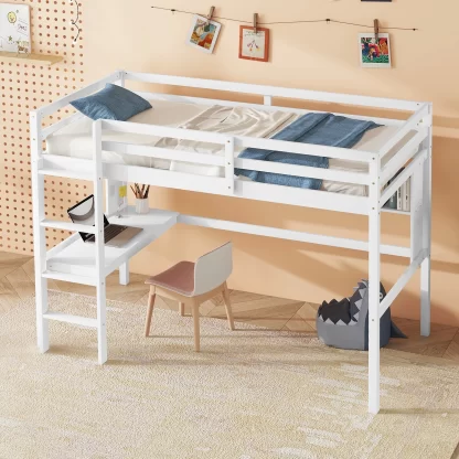 Kumix Loft Bed with Desk and Shelves, Wooden Loft Bed Twin Size for Kids Teens Adults with Safety Guardrail and Build-in Ladder, Noise-Free/No Box Spring Needed/Easy Assembly, White