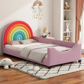 Kumix Upholstered Daybed with Rainbow Headboard, Twin Daybed Low to the Ground Design, Cute Style Princess Bed with Slats Support and Bedside Guardrail for Boys & Girls, Colorful & Pink