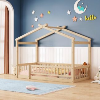 Kumix Floor Bed with Roof, Fence Guardrail, Wooden Twin Size House Bed with Slats Support for Kids Teens, Girls, Boys, Toddler Floor Bed for Bedroom, No Box Spring Needed, Easy Assembly, Natural