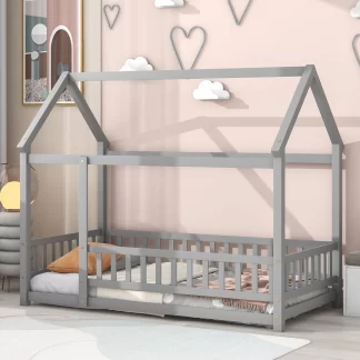 Kumix Twin Size Floor Bed with Roof Frame, Fence Guardrails, Wooden House Floor Bed without Slats, Toddler Floor Bed Frame for Kids Boys/Girls, Full Floor Beds Noise-Free, Easy Assembly, Gray