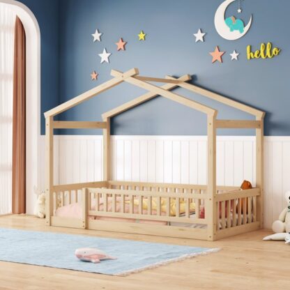 Kumix Floor Bed with Roof, Fence Guardrail, Wooden Twin Size House Bed with Slats Support for Kids Teens, Girls, Boys, Toddler Floor Bed for Bedroom, No Box Spring Needed, Easy Assembly, Natural