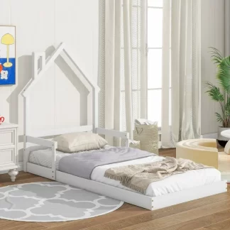 Kumix Twin Size Floor Bed with Handrails and House-Shaped Headboard, Toddler Floor Bed for Kids 1-3 Aged, Wood Floor Bed Frame for Bedroom, Slat Support, Noise-Free, Easy Assembly, White
