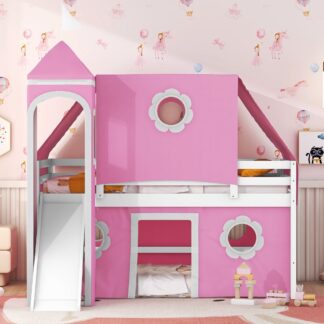 Kumix Loft Bed Full Size with Slide for Kids, Wood Loft Bed with Tent and Tower, Full Length Guardrail and Build-in Ladder for Boys/Girls, Spacious Under Bed Space, Noise-Free, Pink