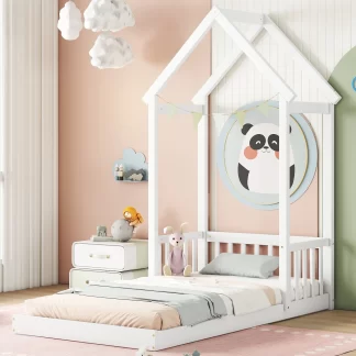 Kumix Toddler Floor Bed with House-shaped Roof Headboard, Semi-fence, without Slats, Twin Floor Bed for Toddlers 1-3, Wood Floor Bed Frame for Bedroom, No Weight Capacity Limit, Easy Assembly, White