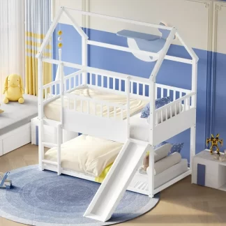 Kumix House Bunk Bed with Slide and Convertible Ladder, Wood Floor Bunk Bed Twin over Twin with Safety Guardrail for Kids Teens Adults, Heavy Duty Bunk Bed for Bedroom, Noise-Free, White