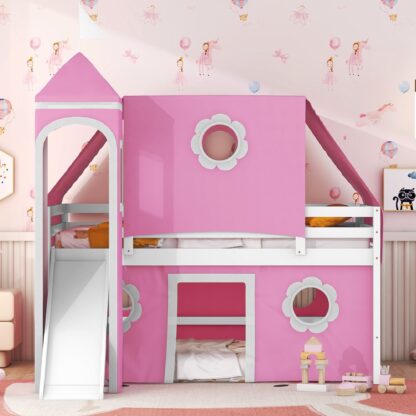 Kumix Loft Bed Full Size with Slide for Kids, Wood Loft Bed with Tent and Tower, Full Length Guardrail and Build-in Ladder for Boys/Girls, Spacious Under Bed Space, Noise-Free, Pink