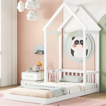 Kumix Toddler Floor Bed with House-shaped Roof Headboard, Semi-fence, without Slats, Twin Floor Bed for Toddlers 1-3, Wood Floor Bed Frame for Bedroom, No Weight Capacity Limit, Easy Assembly, White