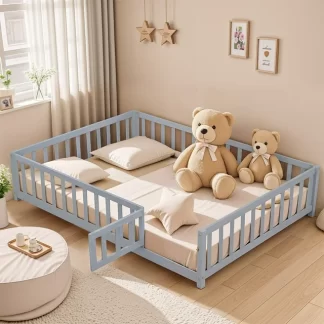 Kumix Full Size Floor Bed with Fence and Door for Kids 1-3 Aged, Montessori Floor Bed Frame with Support Slats for Toddlers, Wooden Floor Bed for Bedroom, Noise-Free, Easy Assembly, Gray