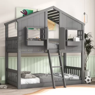 Kumix Twin over Twin House Bunk Bed with Roof, 2 Windows with Window Boxes, Door, Wood Bunk Bed with Safety Guardrails and Ladder for Kids Teens Boys/Girls, No Box Spring Needed, Gray