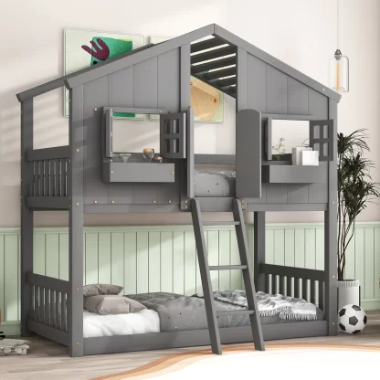 Kumix Twin over Twin House Bunk Bed with Roof, 2 Windows with Window Boxes, Door, Wood Bunk Bed with Safety Guardrails and Ladder for Kids Teens Boys/Girls, No Box Spring Needed, Gray