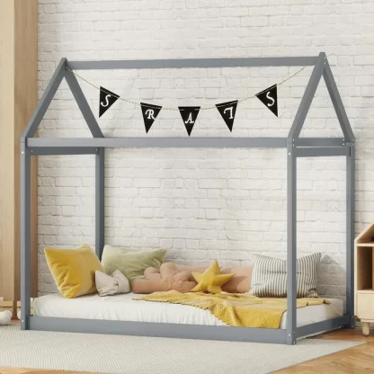 Kumix Floor Bed with House Roof and 7 Slats Support, Twin Size Wooden Floor Bed for Kids Toddlers 1-3 Aged, Heavy Duty House Bed Frame for Bedroom, Dorm, No Box Spring Needed, Gray