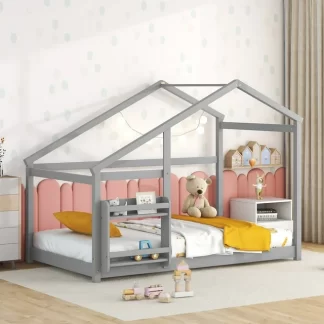 Kumix House Floor Bed with Roof and Shelf, Twin Size Wood Bed for Kids 1-3 Aged, Low Floor Bed Frame for Toddler, Twin Floor Bed for Bedroom, Dorm, No Box Spring Needed, Noise-Free, Gray