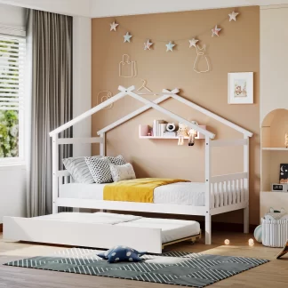 Kumix Platform Bed with Trundle, Wooden Twin Size House Bed with Roof Frame, Headboard and Footboard for Kids, Teens, Guests, Heavy Duty House Bed with Twin Trundle, Easy Assembly, White
