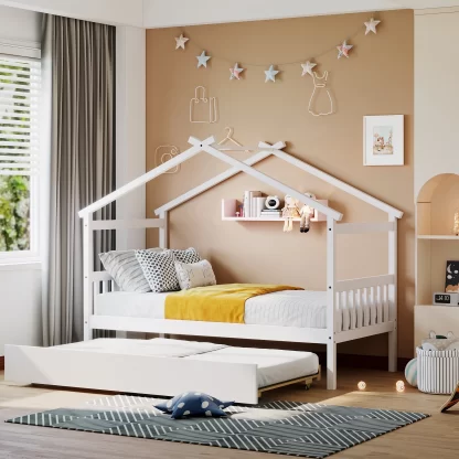 Kumix Platform Bed with Trundle, Wooden Twin Size House Bed with Roof Frame, Headboard and Footboard for Kids, Teens, Guests, Heavy Duty House Bed with Twin Trundle, Easy Assembly, White
