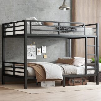 Kumix Bunk Bed Full XL over Full XL, Metal Bunk Bed with Full-Length Guardrail and Build-in Ladder, Under Bed Space for Kids Teens Adults, Bunk Bed Able to Split/Space-Saving/Noise Reduced, Black