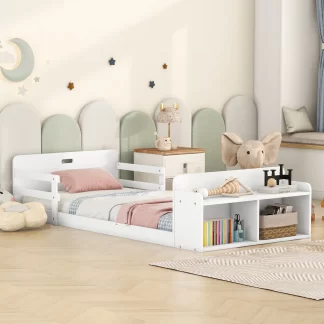 Kumix Floor Bed Twin Size with Storage Footboard and Guardrail, Wood Floor Bed Frame with Shelf 2 Cabinets for Kids Boys/Girls, Toddler Floor Bed for Bedroom, Noise-Free, Easy Assembly, White