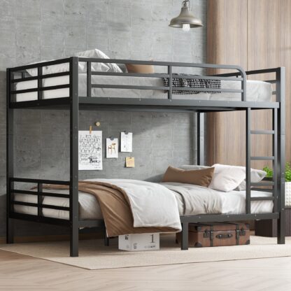 Kumix Bunk Bed Full XL over Full XL, Metal Bunk Bed with Full-Length Guardrail and Build-in Ladder, Under Bed Space for Kids Teens Adults, Bunk Bed Able to Split/Space-Saving/Noise Reduced, Black