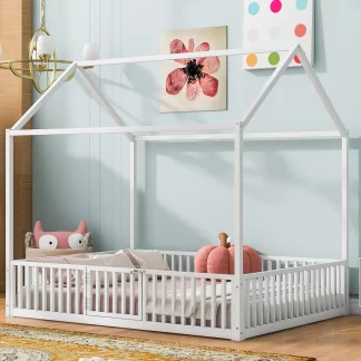 Kumix House Floor Bed with Fence Guardrail and Door, Metal Full Size Floor Bed without Slat for Kids Teens Boys/Girls, Heavy Duty Floor Bed Frame for Bedroom, Noise-Free, Easy Assembly, White