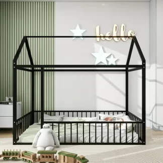 Kumix House Floor Bed Frame with Fence, Twin Size Metal Floor Bed with Roof Frame for Kids, Teens, Girls, Boys, No Weight Capacity Limit, No Box Spring Needed, Noise-Free, Easy Assembly, Black