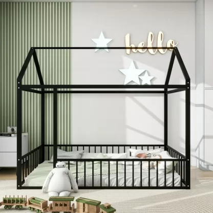 Kumix House Floor Bed Frame with Fence, Twin Size Metal Floor Bed with Roof Frame for Kids, Teens, Girls, Boys, No Weight Capacity Limit, No Box Spring Needed, Noise-Free, Easy Assembly, Black