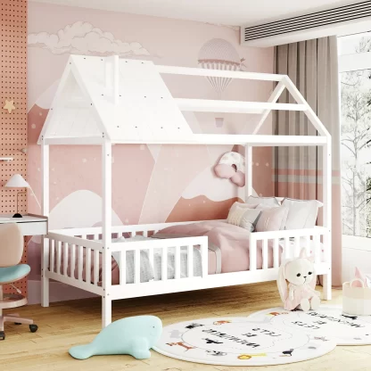 Kumix House Platform Bed with Fence and Roof Frame, Twin Size Wood Platform Bed with Under Bed Space for Kids Teens Boys & Girls, Heavy Duty House Bed for Bedroom, Noise-Free, White