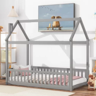 Kumix House Floor Bed with Roof Frame and Fence Guardrails, with Slats Support, Wooden Twin Floor Bed for Kids Toddlers Boys/Girls, Heavy Duty House Bed Frame for Bedroom, Easy Assembly, Gray