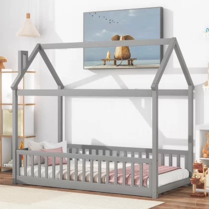 Kumix House Floor Bed with Roof Frame and Fence Guardrails, with Slats Support, Wooden Twin Floor Bed for Kids Toddlers Boys/Girls, Heavy Duty House Bed Frame for Bedroom, Easy Assembly, Gray