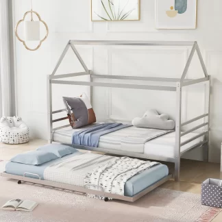 Kumix Platform Bed with Trundle, House Shape Metal Twin Size Floor Bed with 13 Slats Support and Roof for Kids Teens Adults, House Low Beds for 2, No Box Spring Needed, Noise-Free, Silver