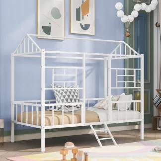 Kumix Loft Bed Twin Size, Metal House Loft Bed with Roof Frame and Under Bed Space, Slatted Support, Guardrail and Ladder for Kids Young Teens, Heavy Duty Loft Bed for Bedroom, White