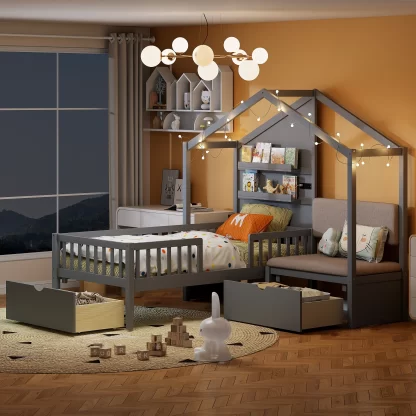Kumix Platform Bed with Upholstered Sofa, Twin Size Platform Bed with Charging Station, Wireless Charging, Shelves and Two Drawers for Kids Teens Adults, Wooden House Bed for Bedroom, Gray