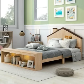 Kumix Platform Bed with LED Lights, Storage Footboard and House-shaped Headboard, Full Size House Bed with Slats Support for Kids Teens, Wooden House Bed Frame for Bedroom, Natural