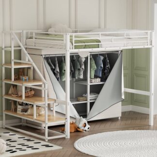 Kumix Loft Bed with Wardrobe and Storage Shelves, Metal Loft Bed Full Size with Full-Length Guardrail and Stair for Kids Teens Adults, Metal Loft Bed Frame for Bedroom, Dorm, Noise-Free, White