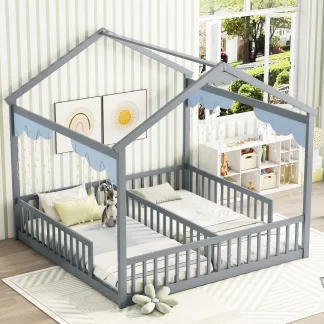 Kumix Double Twin House-Style Floor Bed with Fence Guardrails, without Door, Wooden Floor Bed for Kids Toddler 1-3 Aged, Heavy Duty Floor Bed Frame for Bedroom,Twin Floor Bed for 2, Gray