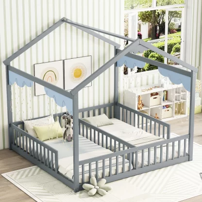 Kumix Double Twin House-Style Floor Bed with Fence Guardrails, without Door, Wooden Floor Bed for Kids Toddler 1-3 Aged, Heavy Duty Floor Bed Frame for Bedroom,Twin Floor Bed for 2, Gray