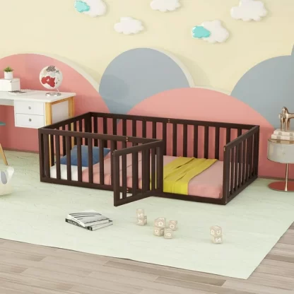 Kumix Twin Floor Bed for Kids with Fence and Door, Wood Floor Bed Frame for Toddler 1-3 Aged, Noise-Free Low Floor Bed for Bedroom, Dorm, No Weight Capacity Limit, Easy Assembly, Walnut