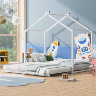 Kumix House Platform Bed with Trundle, Slats Support, Metal Twin Size Floor Bed for Kids Toddlers, Boys & Girls, House Bed for 2, Heavy Duty Floor Beds for Bedroom, No Box Spring Needed, White