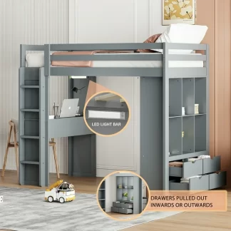 Kumix Loft Bed Twin Size with Desk, Wood Loft Bed with Shelves, Drawers and LED Light for Kids Teens Adults, Heavy Duty Loft Bed Frame with Safety Guardrail and Ladder, Noise-Free, Gray