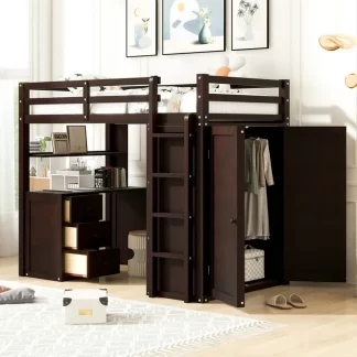 Kumix Loft Bed Twin Size with Desk, Drawers and Wardrobe, Wood Loft Bed with Full Length Guardrail and Build-in Ladder for Kids Teens Adults, No Box Spring Needed, Noise-Free, Espresso