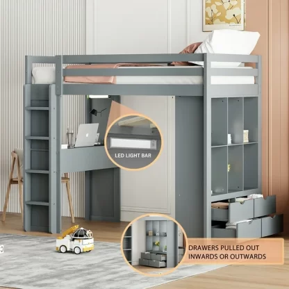 Kumix Loft Bed Twin Size with Desk, Wood Loft Bed with Shelves, Drawers and LED Light for Kids Teens Adults, Heavy Duty Loft Bed Frame with Safety Guardrail and Ladder, Noise-Free, Gray
