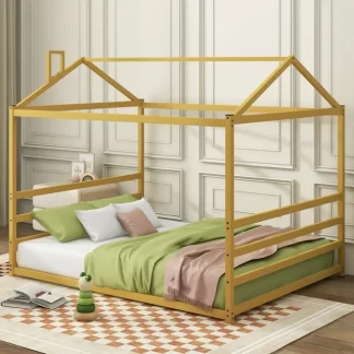 Kumix House Floor Bed with a Roof Style, without Slats, Queen Size Metal Platform Bed Frame for Kids Toddlers Boys/Girls, Queen Floor Bed for Bedroom, No Box Spring Needed, Easy Assembly, Gold
